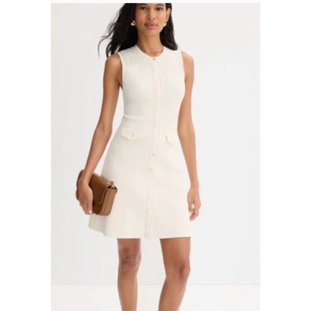 Sandro Rib Knit Dress Sleeveless Gold Tone Button Front Mini Off-White 42